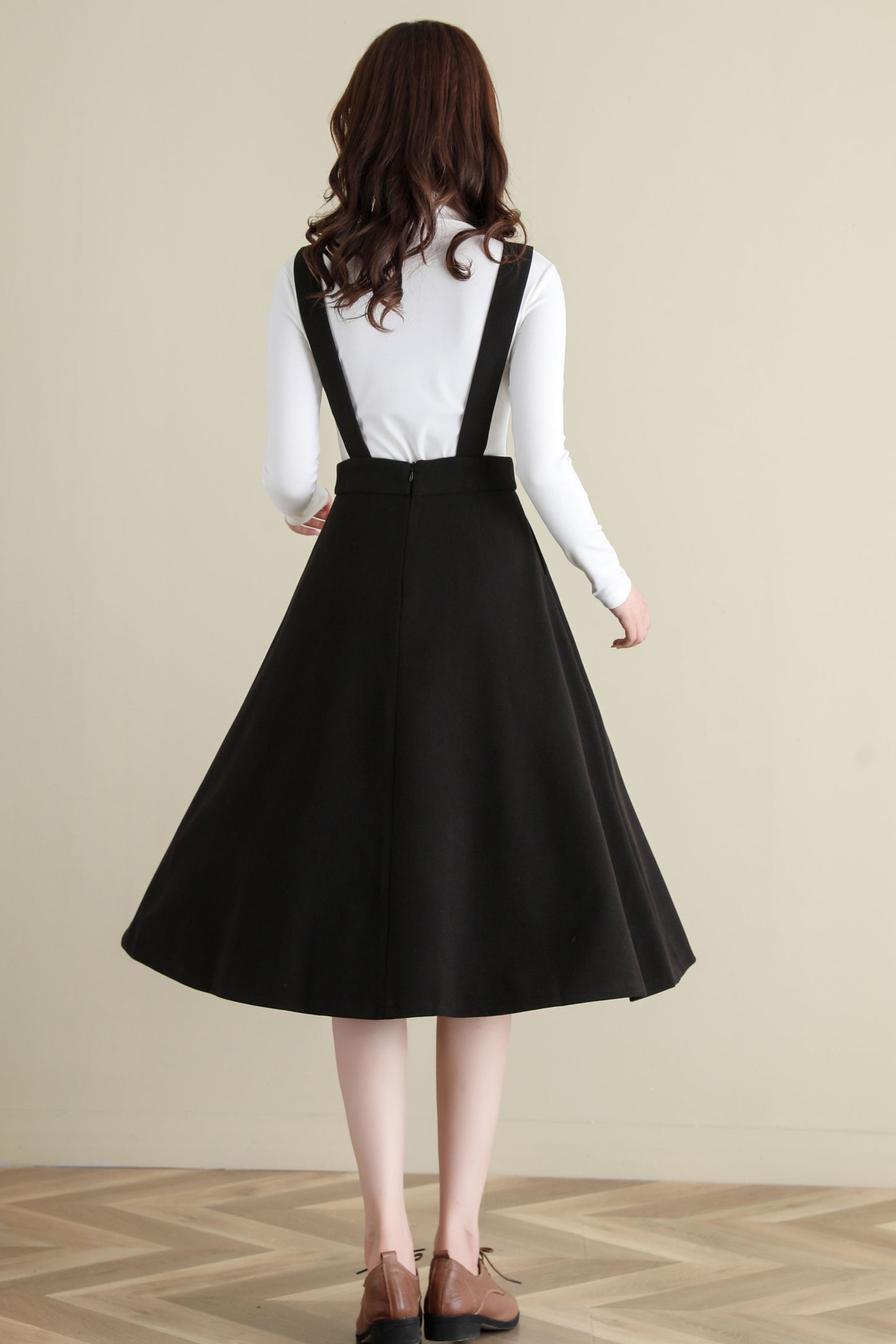 Black Wool Pinafore Dress, Midi wool dress C2516