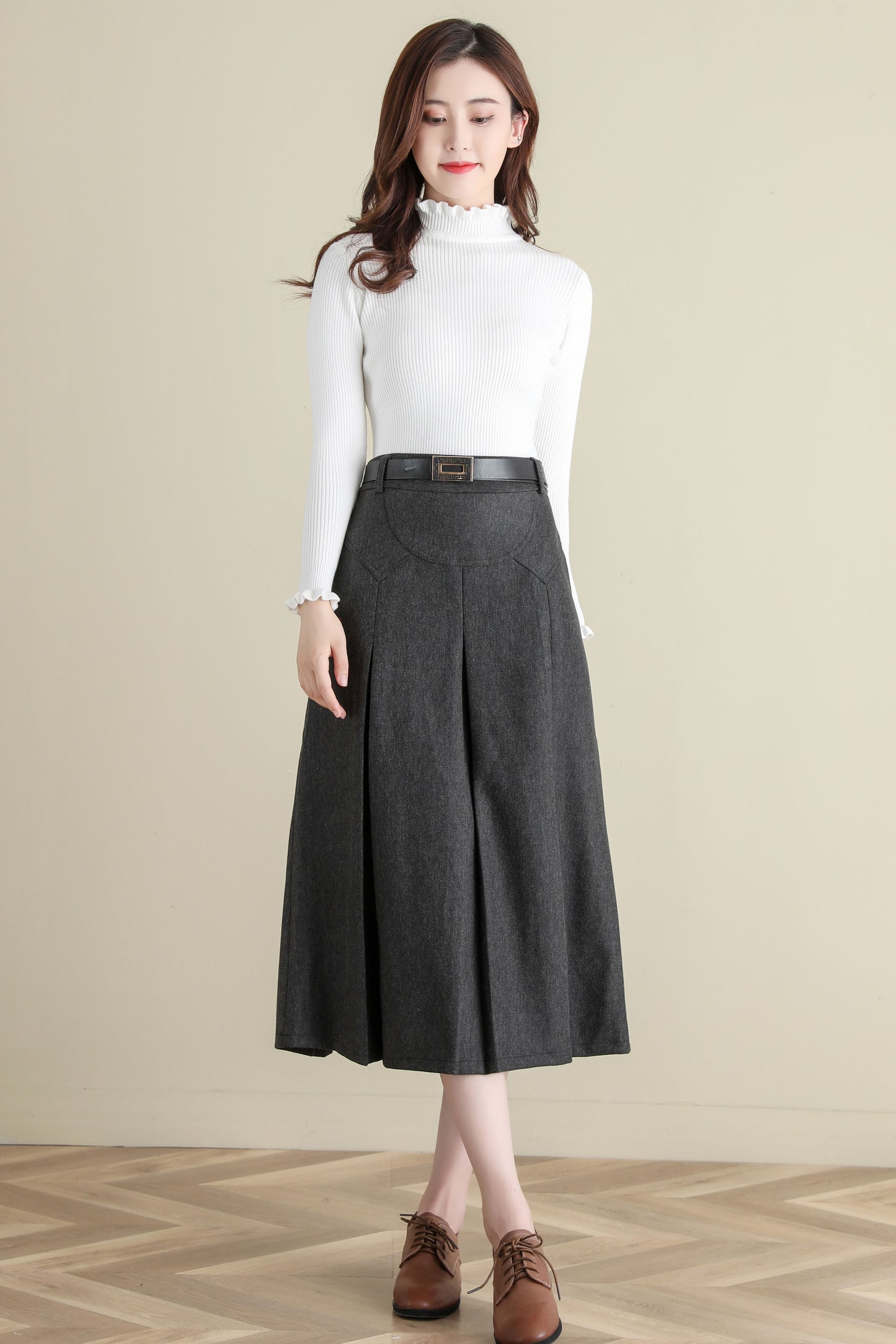 Grey Pleated Midi Wool Skirt Women, A Line Skirt with Pockets, Solid Skirt C251401