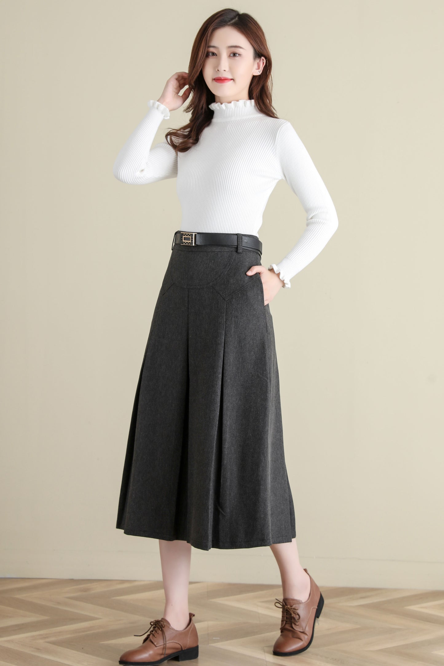 Grey Pleated Midi Wool Skirt Women, A Line Skirt with Pockets, Solid Skirt C251401