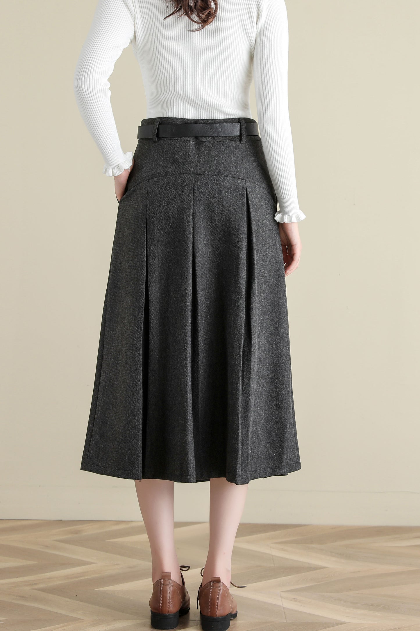 Grey Pleated Midi Wool Skirt Women, A Line Skirt with Pockets, Solid Skirt C251401