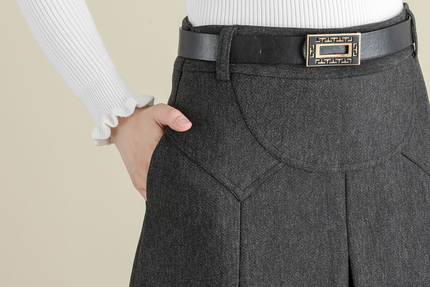 Grey Pleated Midi Wool Skirt Women, A Line Skirt with Pockets, Solid Skirt C251401