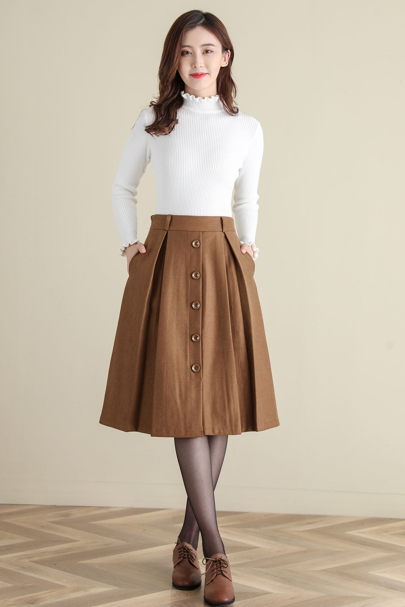 Retro Camel Button Front wool skirt, Wool Midi Skirt C252001