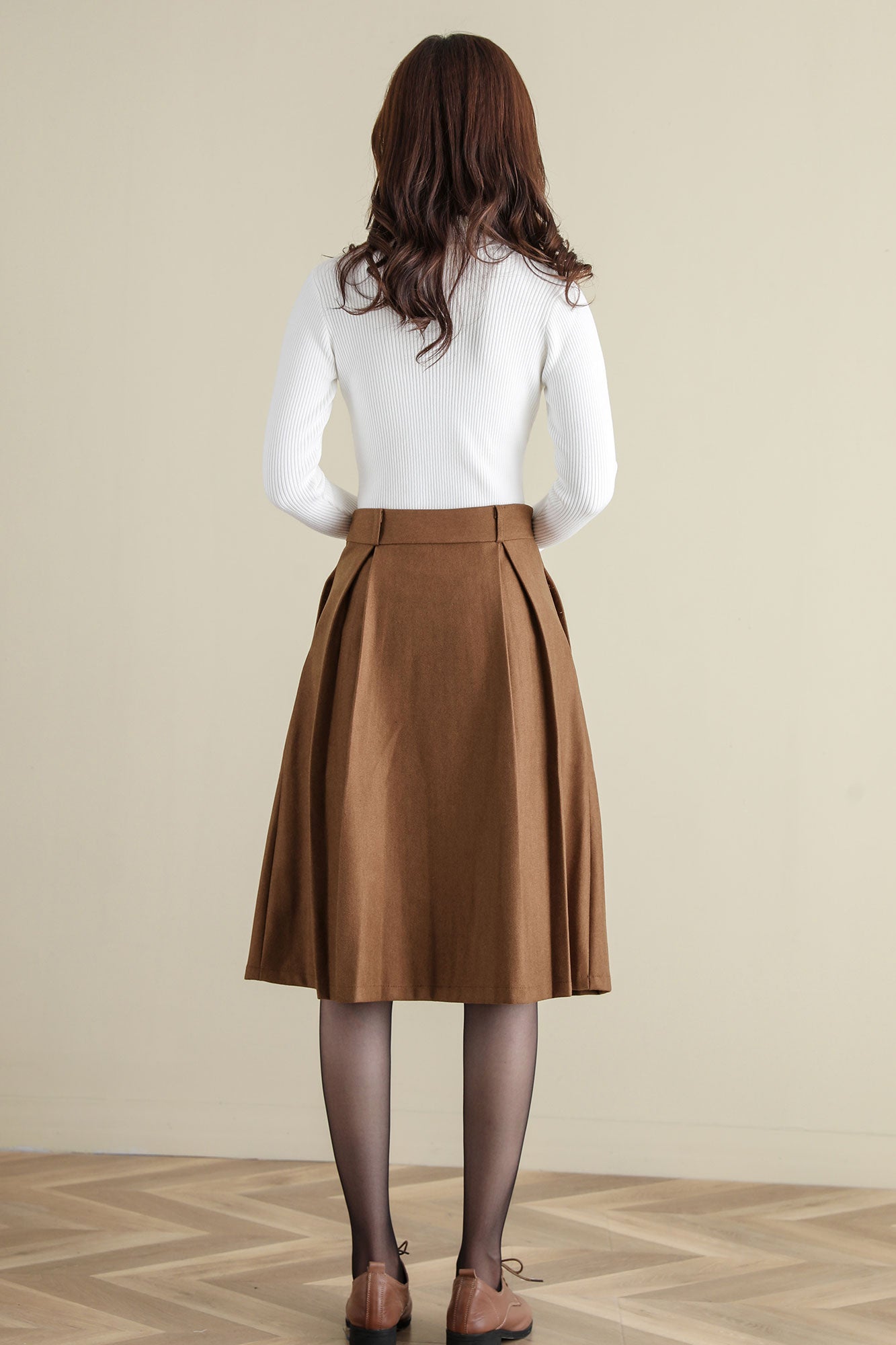Retro Camel Button Front wool skirt, Wool Midi Skirt C252001