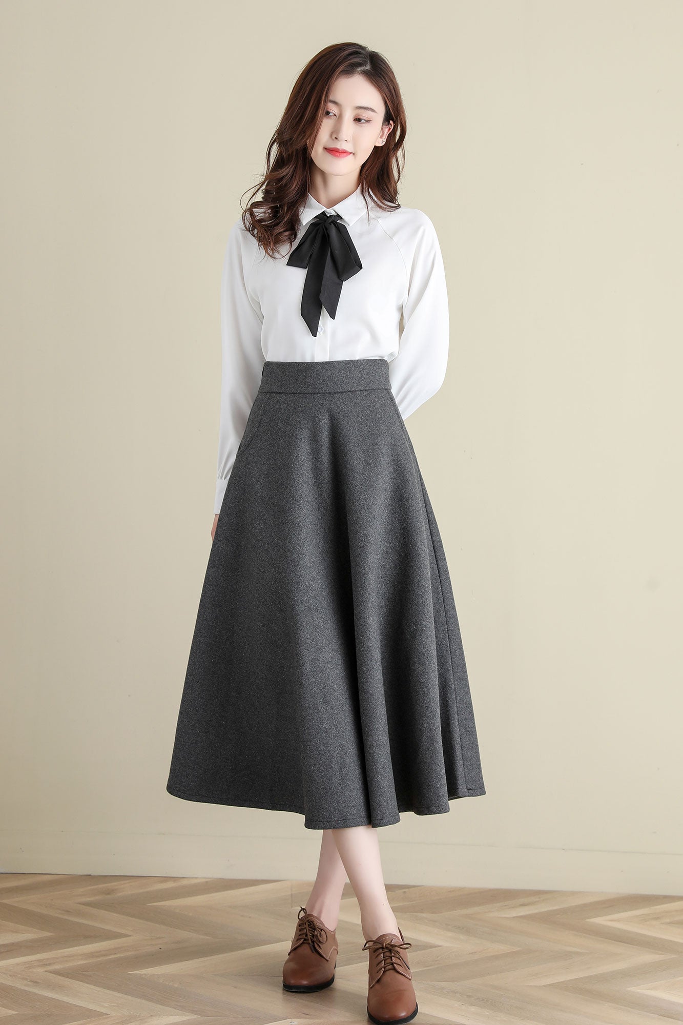 Grey Midi Wool Skirt, A Line Wool Skirt, High Waist wool Skirt C252101
