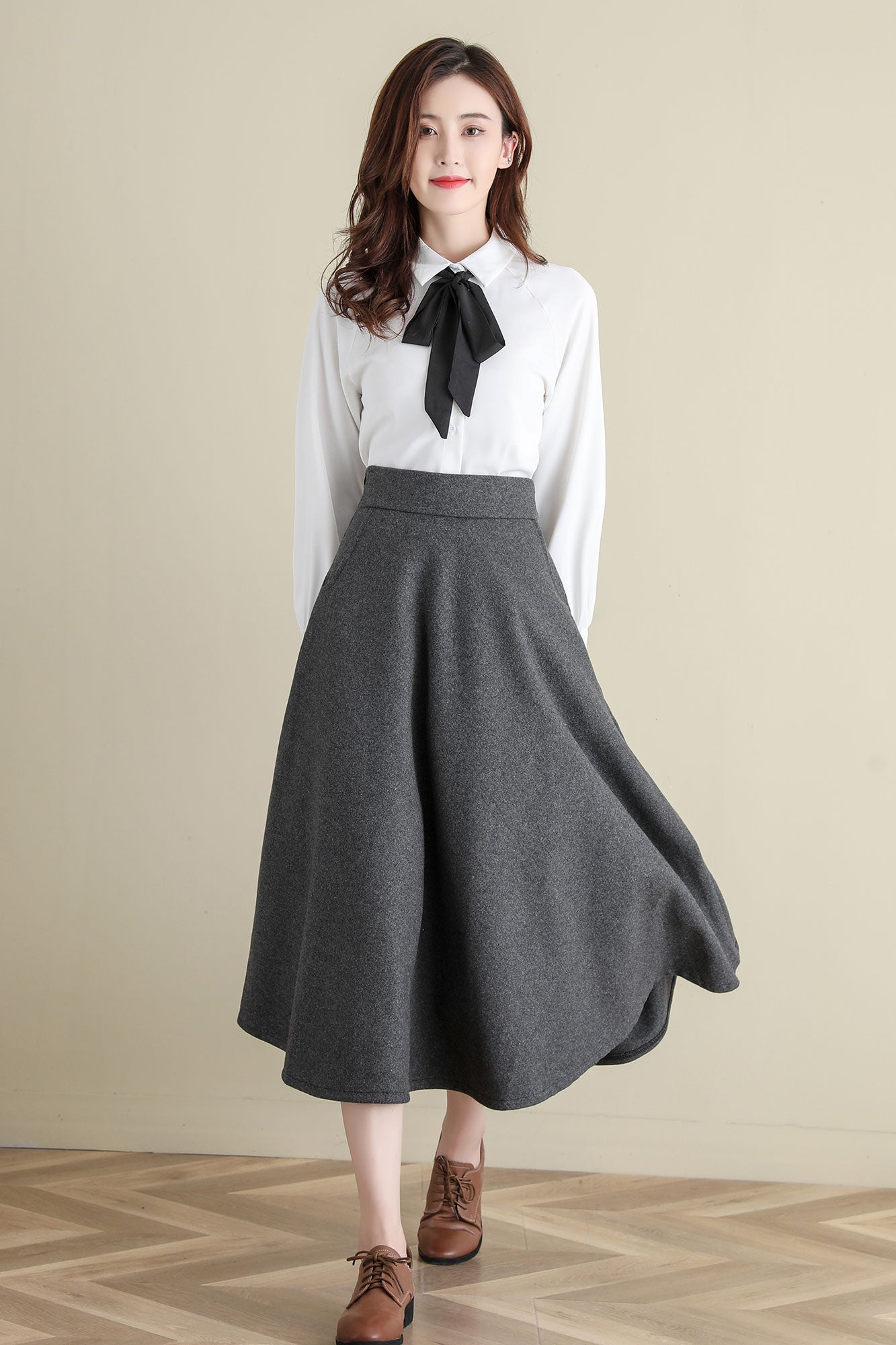 Grey Midi Wool Skirt, A Line Wool Skirt, High Waist wool Skirt C252101