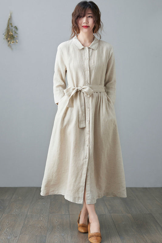 Beige Linen Midi Shirt Dress - Belted Oversize Fit C210502