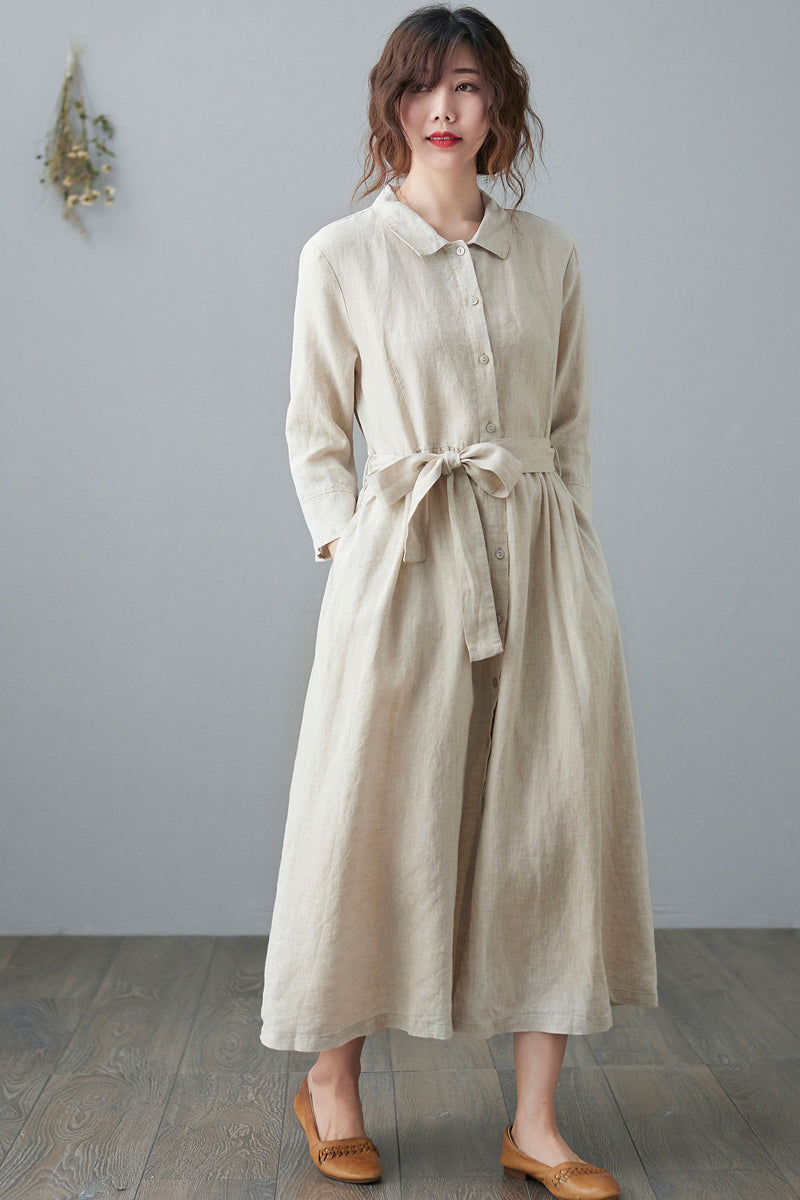 Collared Midi Linen Shirt Dress for Women C210502