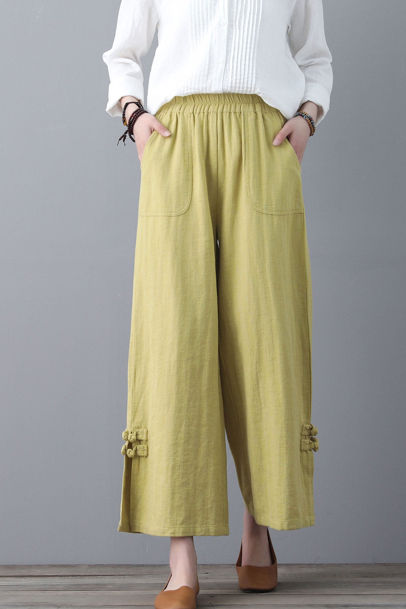 Soft Casual Elastic Waist Wide Leg Yellow Linen Pants C1859