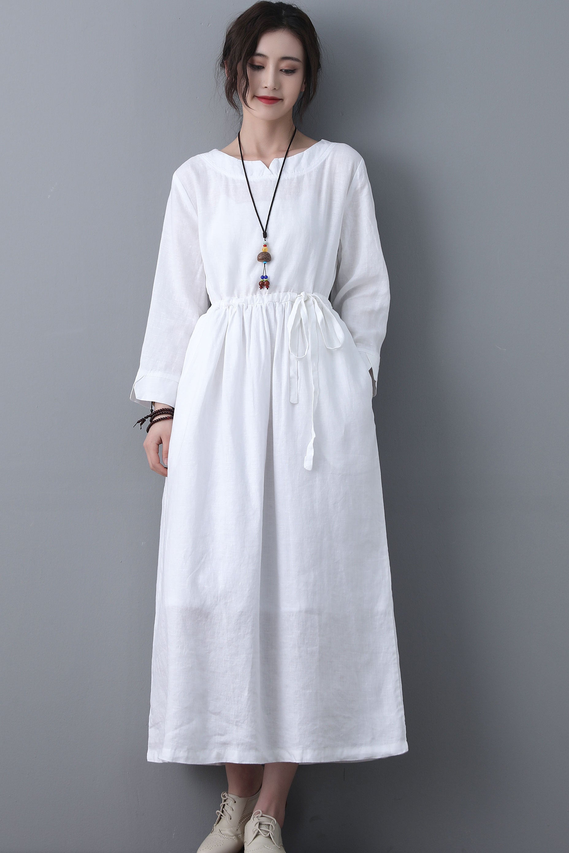 Loose Fit Classic White Linen Dress C1861 YLISTYLE Loose Fit Classic White Linen Dress C1861 YLISTYLE