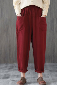 Women Elastic Waist Cropped Linen Pants C1866