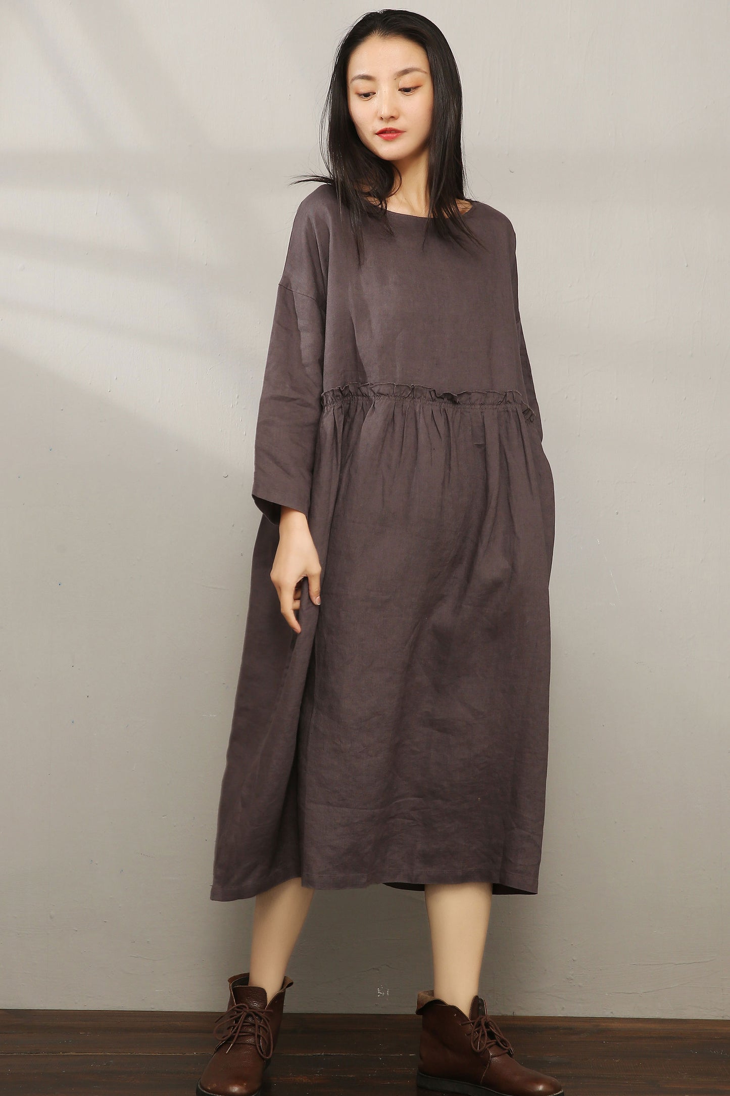 Loose Fit Maxi Pleated Linen Dress C1978