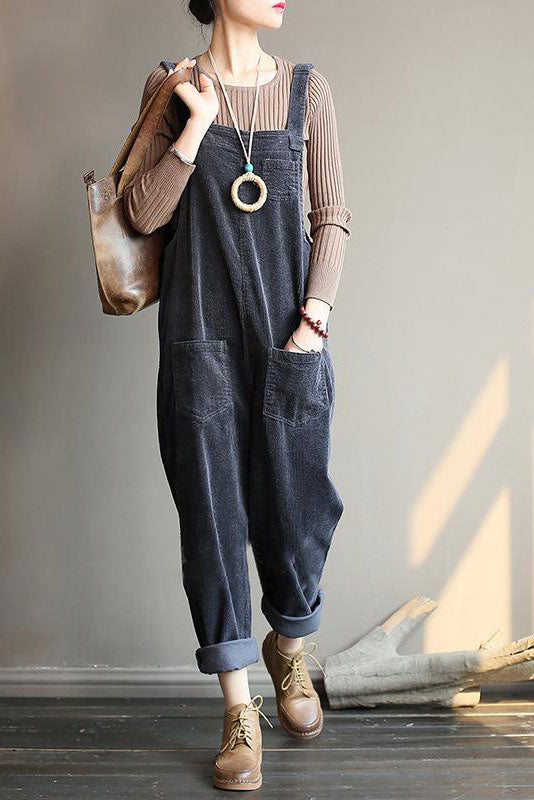 Brown Cotton Corduroy Loose-Fit Overall Pants - Vintage Inspired A012