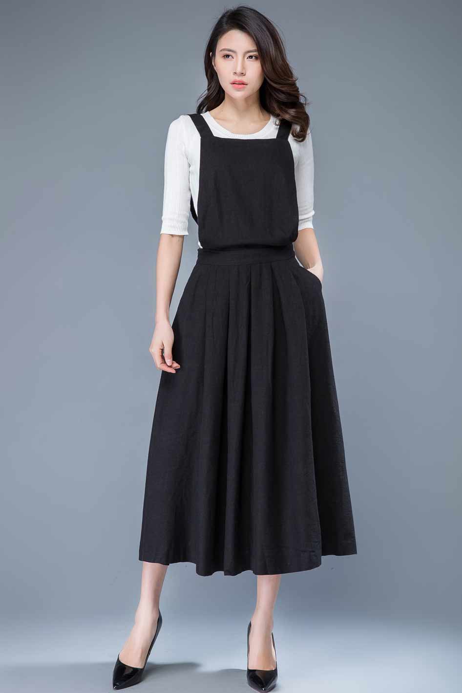 Black Linen Pinafore Dress - Wide Straps and Patch Pockets C1053 - Black / S Black Linen Pinafore Dress - Wide Straps and Patch Pockets C1053 - Black / S