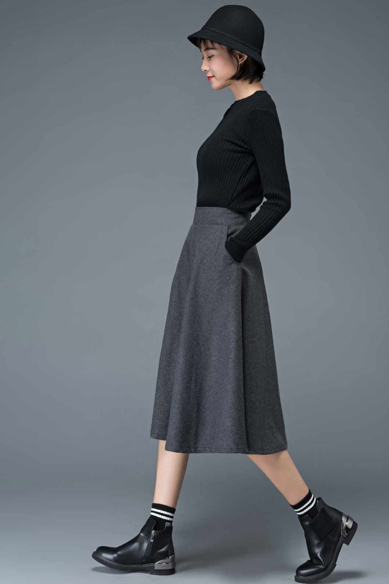 Women A-Line Midi Wool Skirt C1193