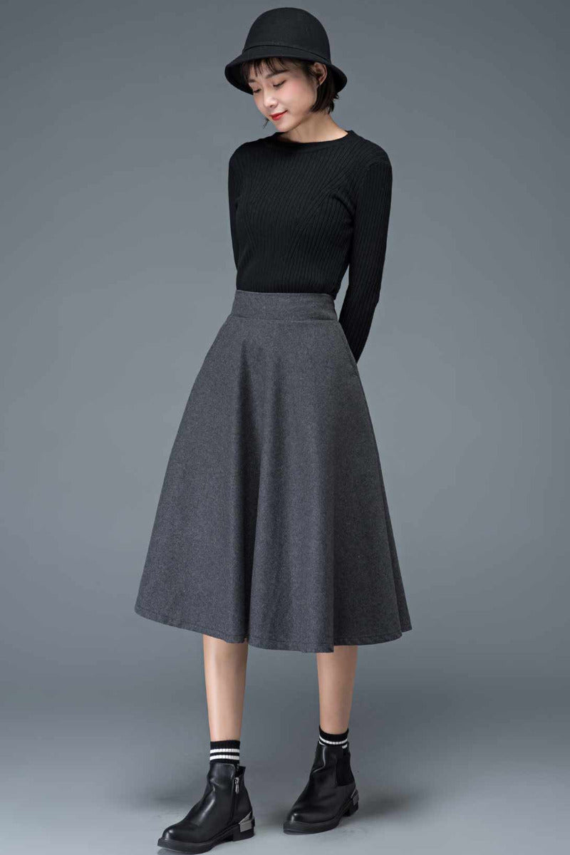 Women A-Line Midi Wool Skirt C1193