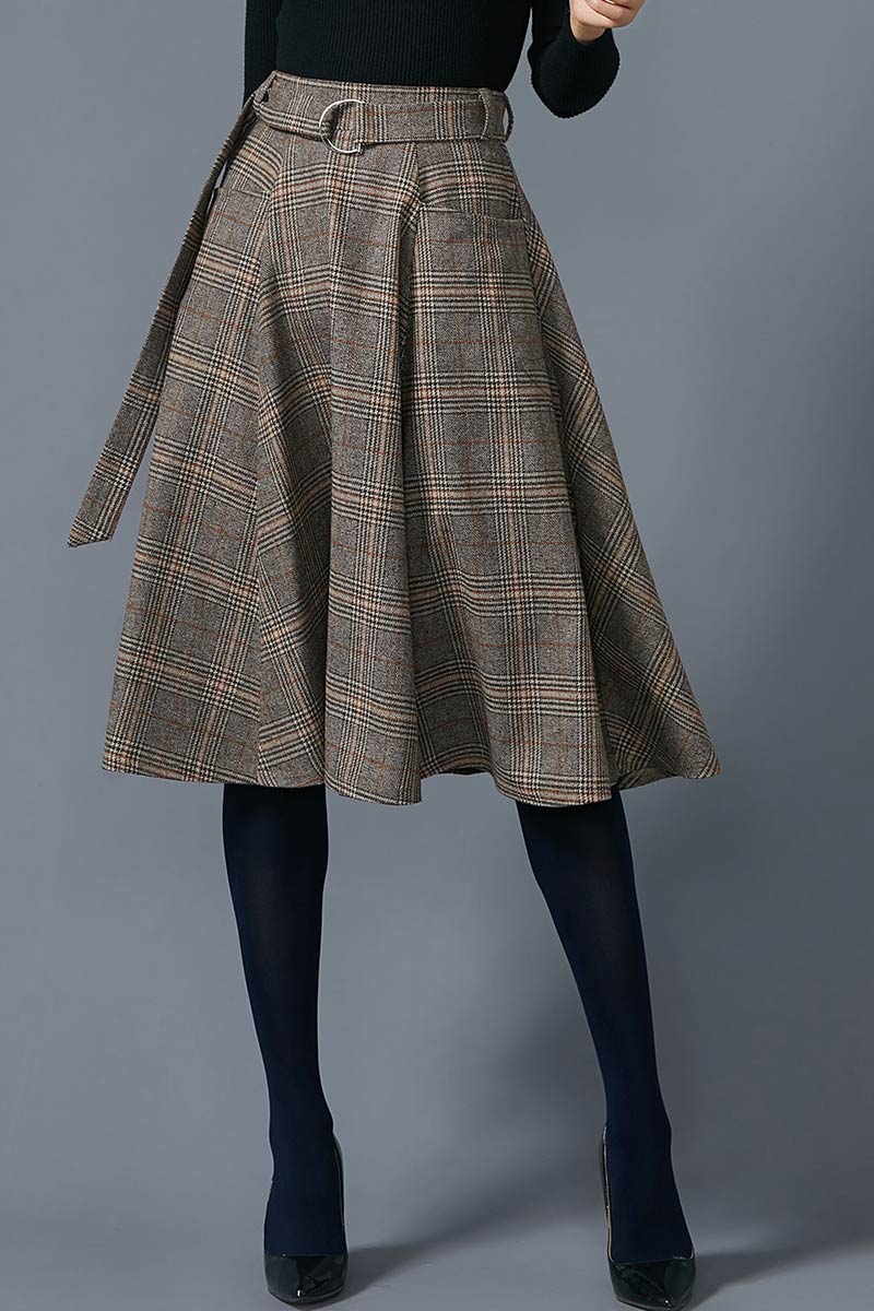Midi Plaid wool skirt C1607#