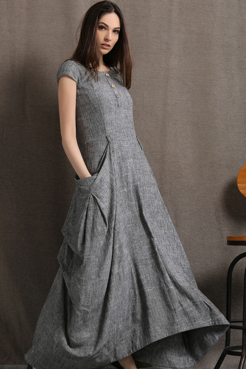 Grey Linen Maxi Dress - Asymmetric Silhouette with Pockets C427 - Grey / L Grey Linen Maxi Dress - Asymmetric Silhouette with Pockets C427 - Grey / L