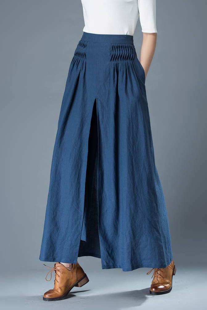 Side Zipper High Waist Linen Palazzo Pants C836