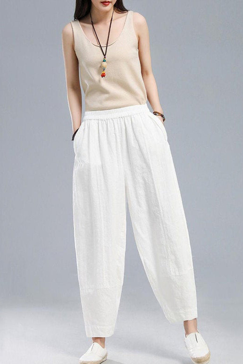 White Casual Leisure Linen Pants C1806
