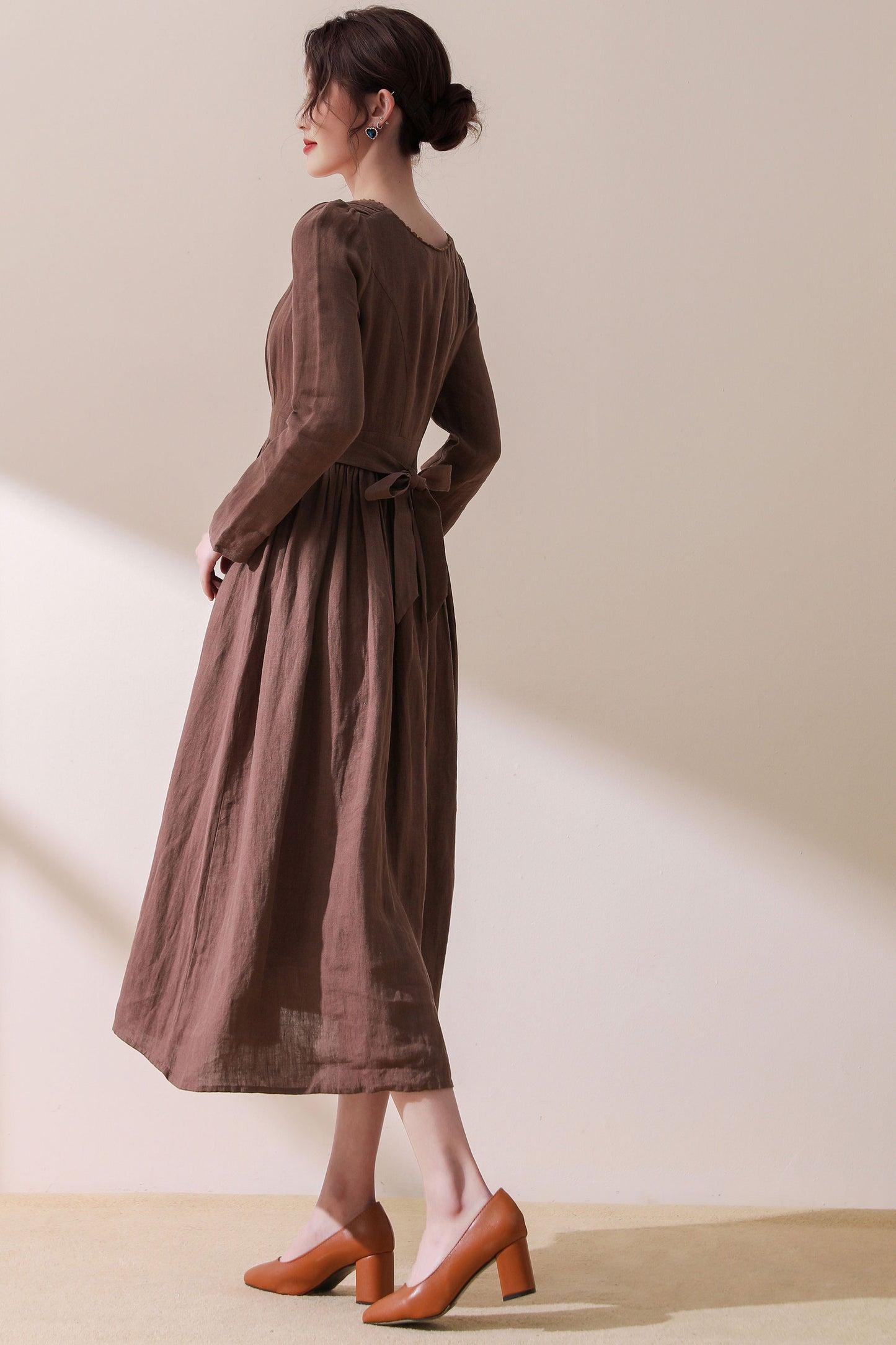 vintage inspired brown linen party dress C1776