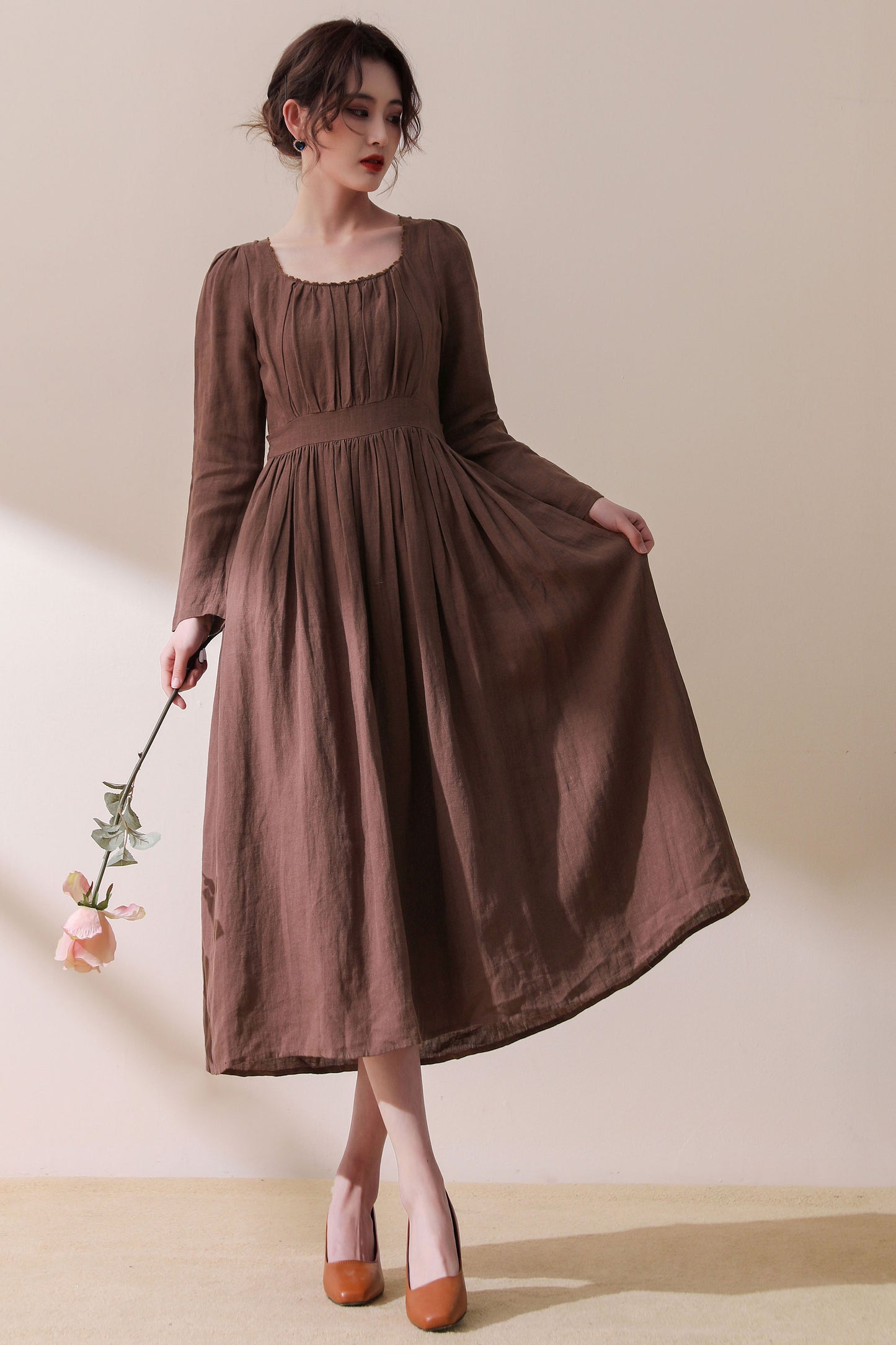 vintage inspired brown linen party dress C1776