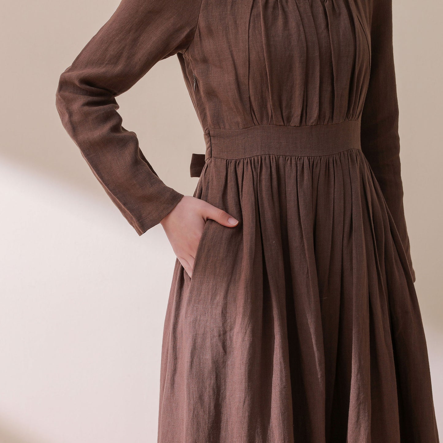vintage inspired brown linen party dress C1776