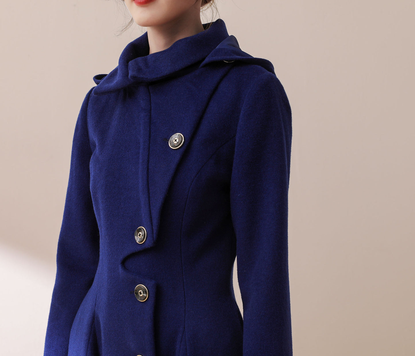 Asymmetric Hooded wool jacket coat In Blue C1780