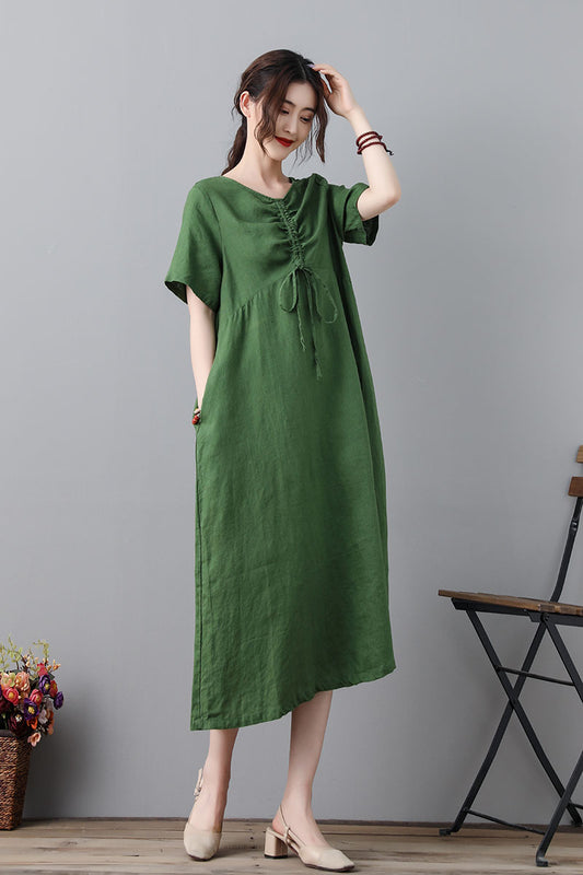 Green Linen Cotton Midi Dress - Drawstring Front, Loose Fit C2318
