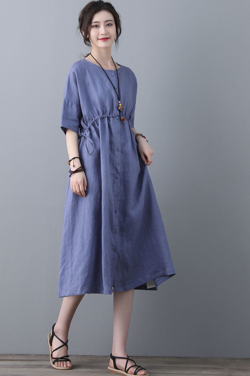 Summer Swing Blue Linen Casual Shirt Dress C1840