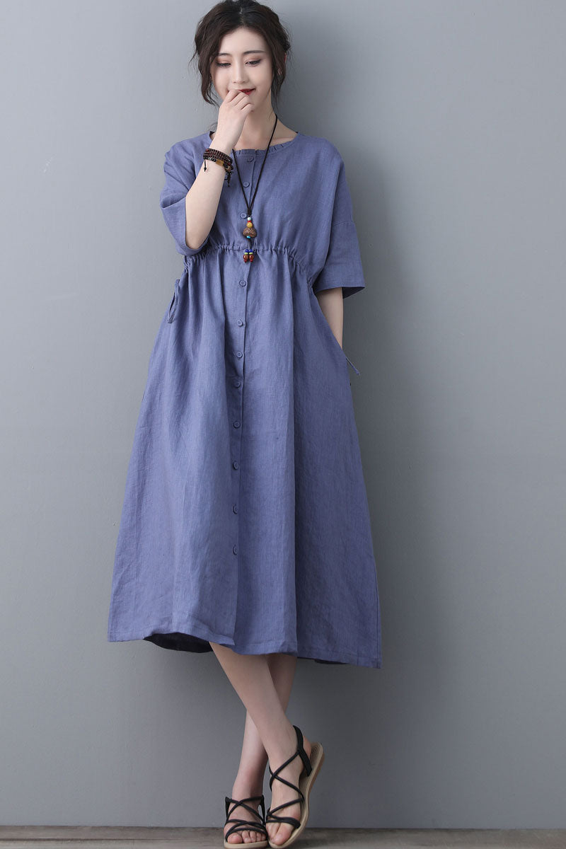 Summer Swing Blue Linen Casual Shirt Dress C1840