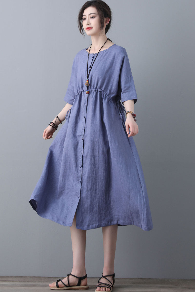 Summer Swing Blue Linen Casual Shirt Dress C1840