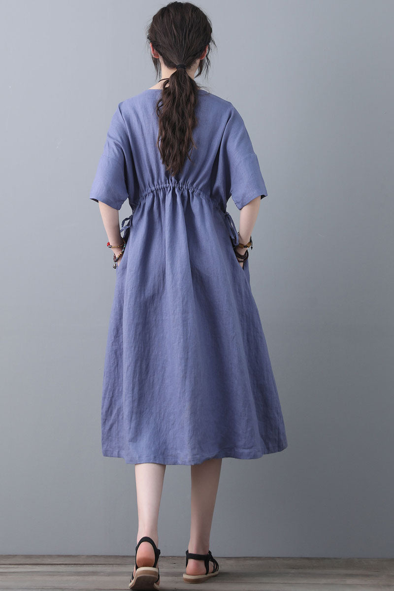 Summer Swing Blue Linen Casual Shirt Dress C1840