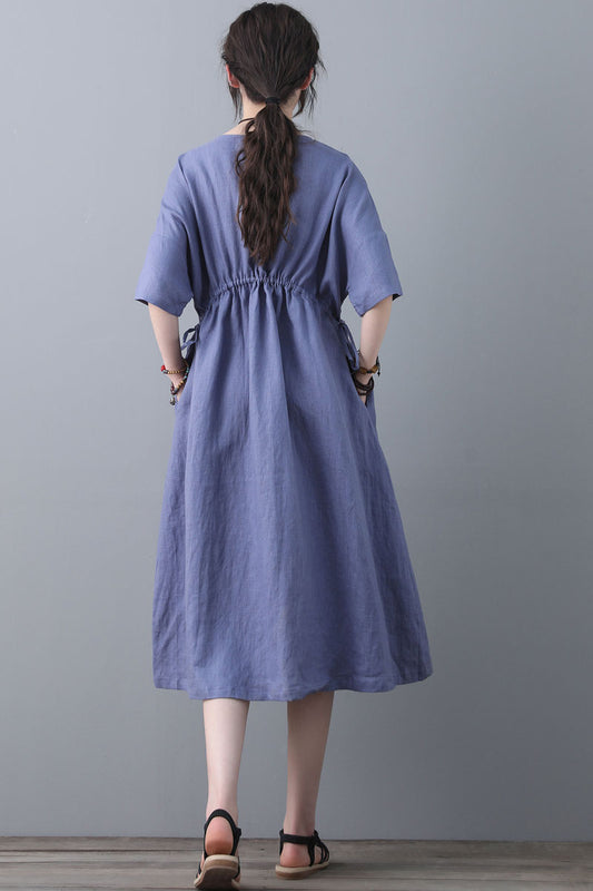 Blue Linen Midi Shirt Dress - Drawstring Waist and Frilled Collar 2021031