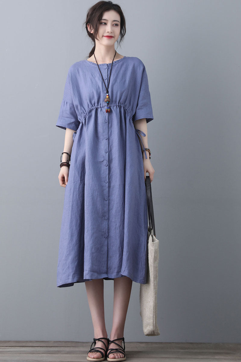 Summer Swing Blue Linen Casual Shirt Dress C1840
