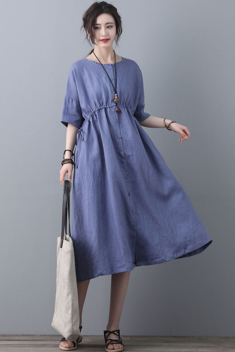 Summer Swing Blue Linen Casual Shirt Dress C1840