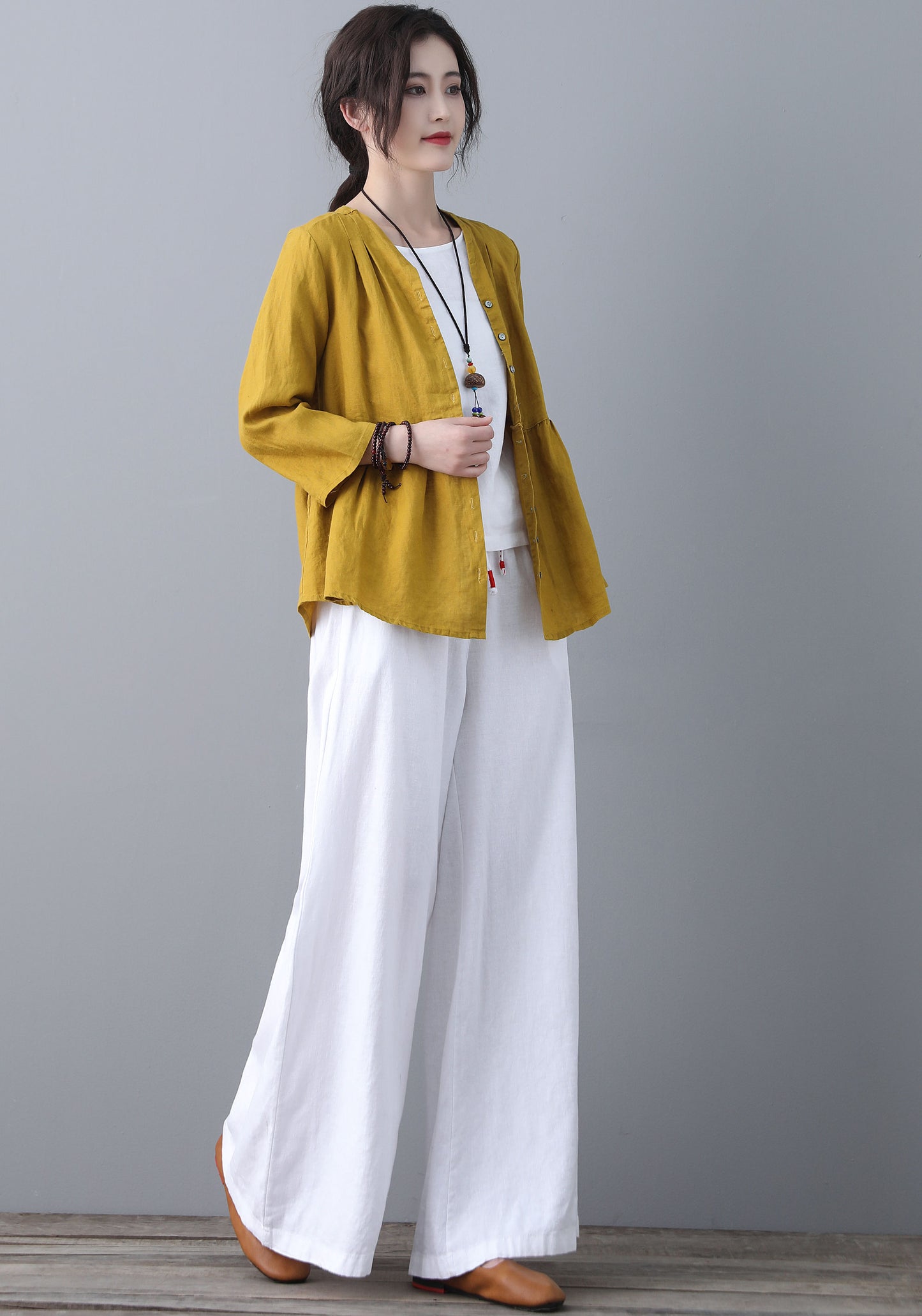 White Elastc Waist High Wasit Linen Pants C186502