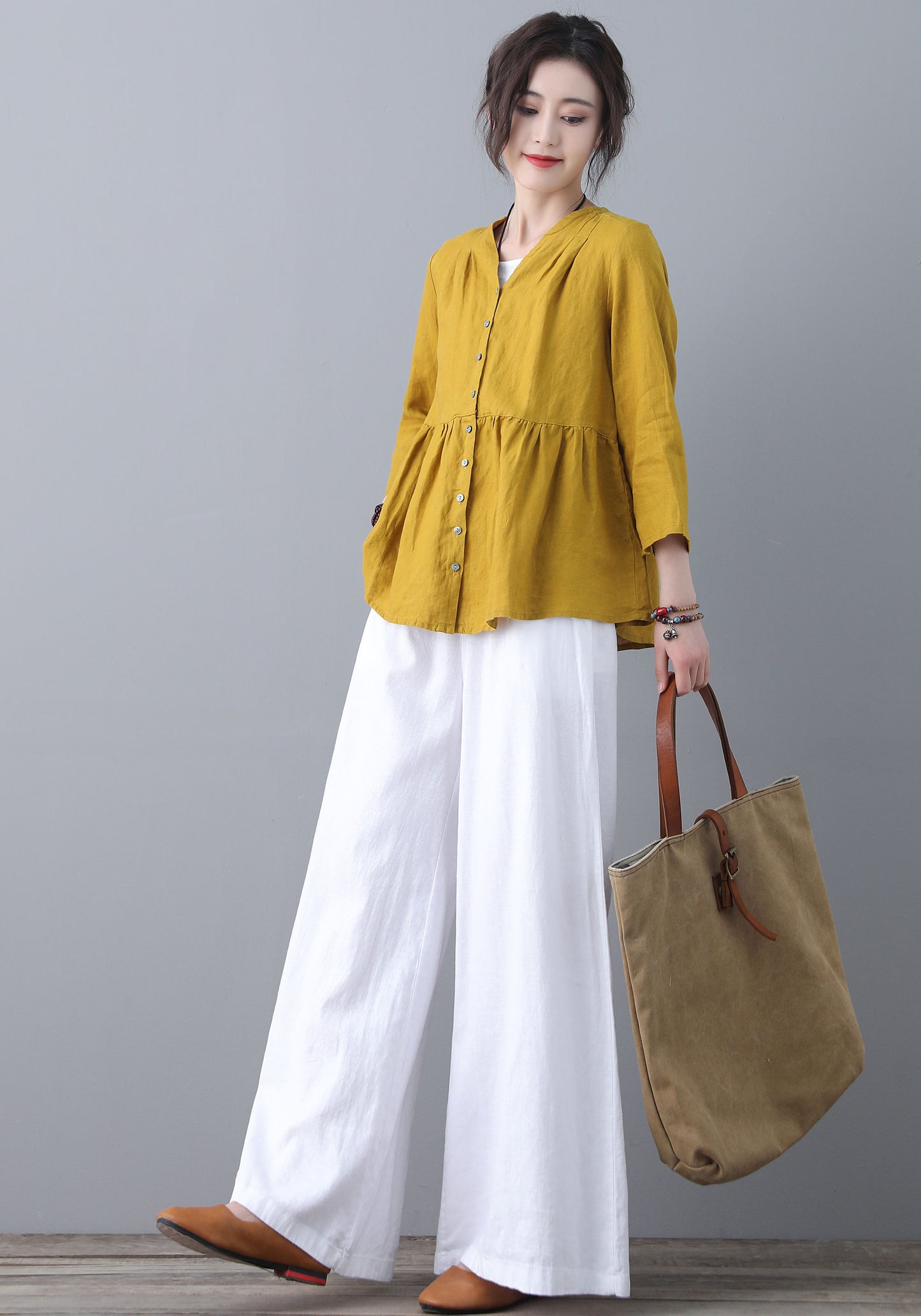 White Elastc Waist High Wasit Linen Pants C186502