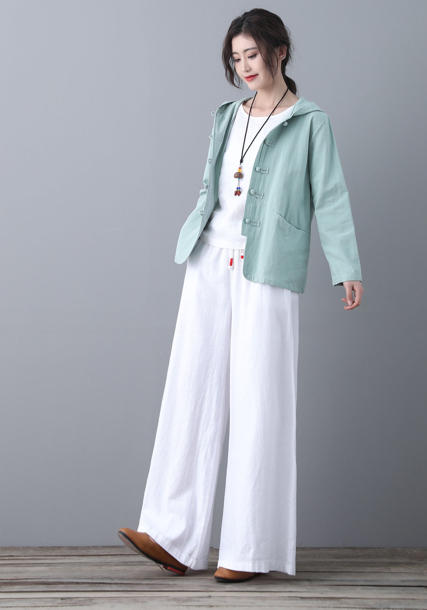 White Elastc Waist High Wasit Linen Pants C186502
