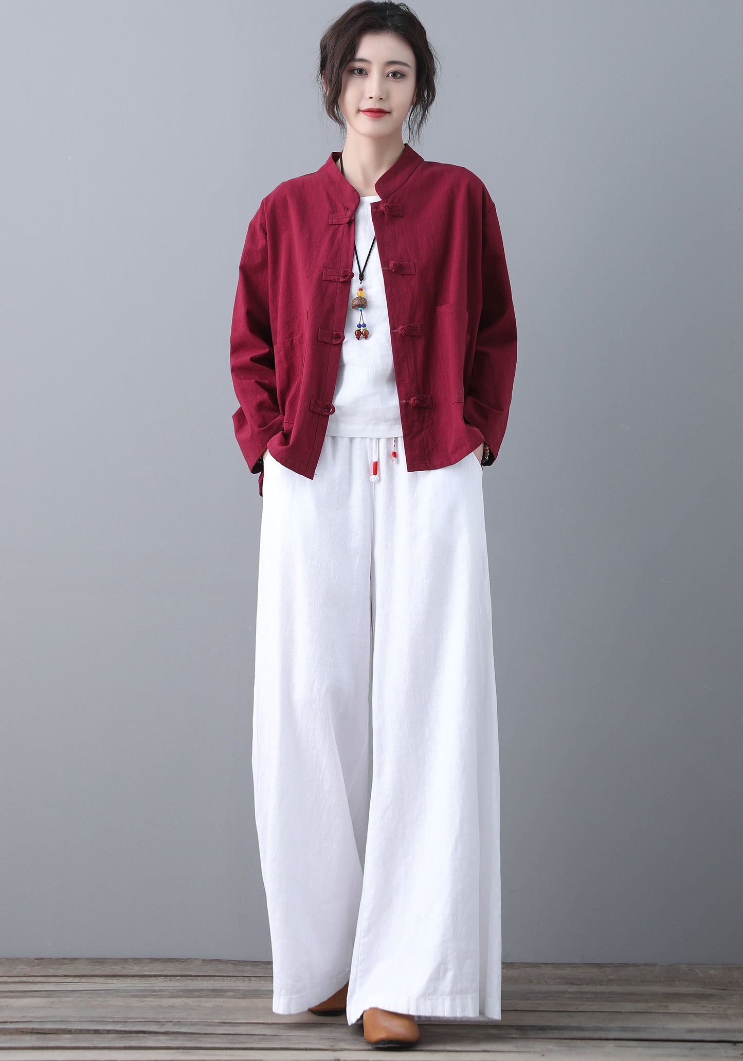 White Elastc Waist High Wasit Linen Pants C186502