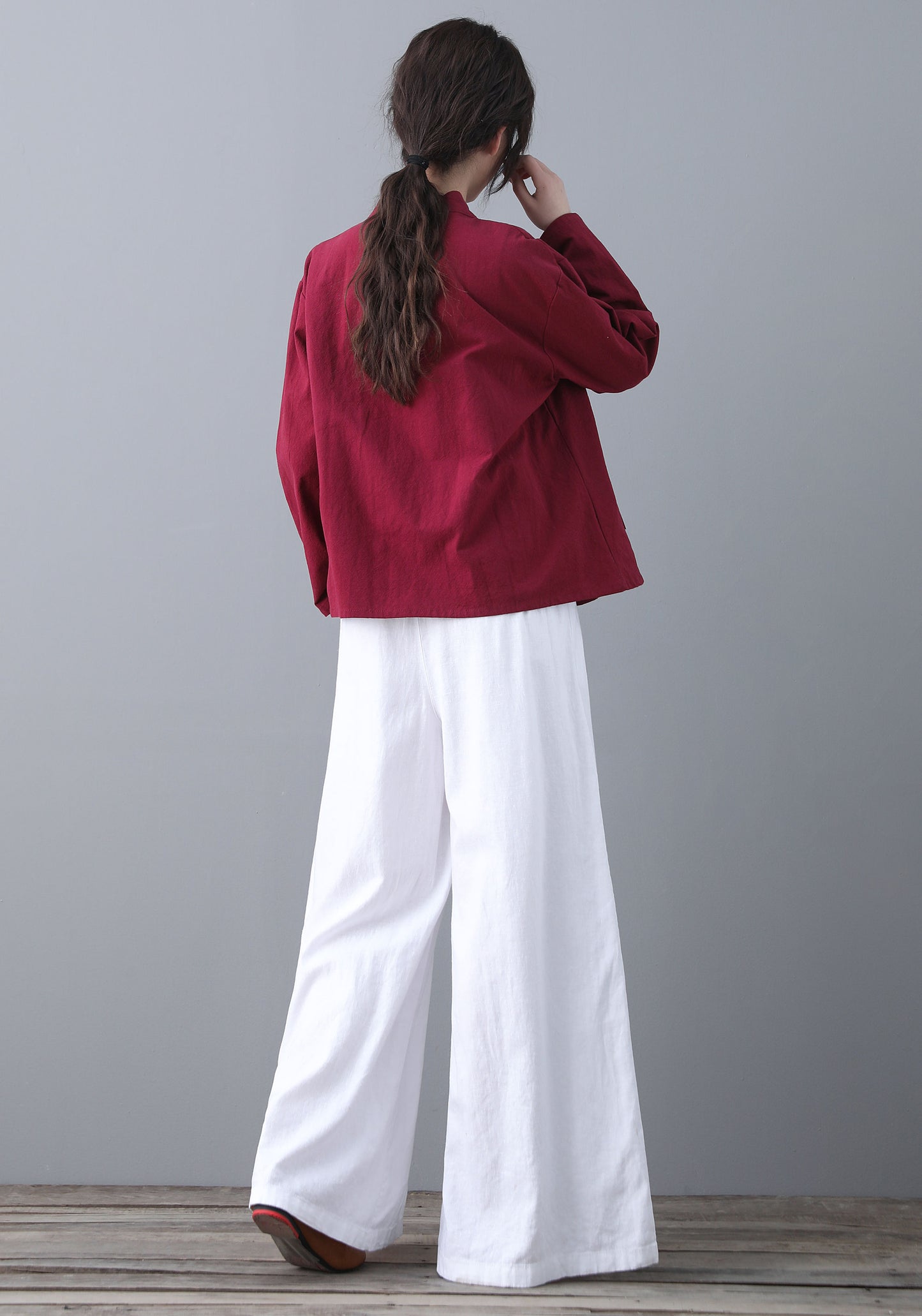 White Elastc Waist High Wasit Linen Pants C186502