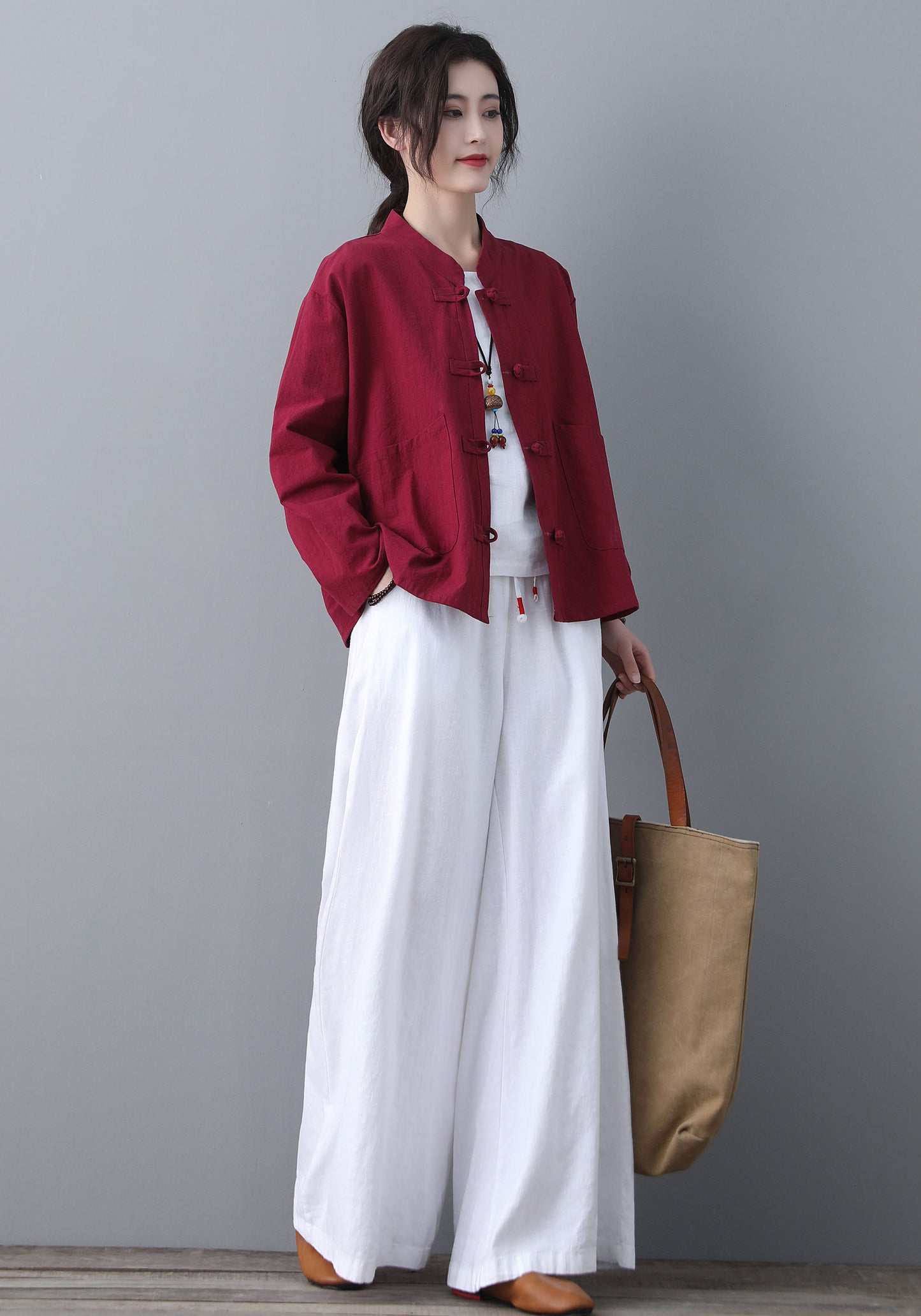 White Elastc Waist High Wasit Linen Pants C186502