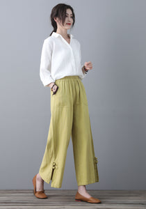 Soft Casual Elastic Waist Wide Leg Yellow Linen Pants C1859