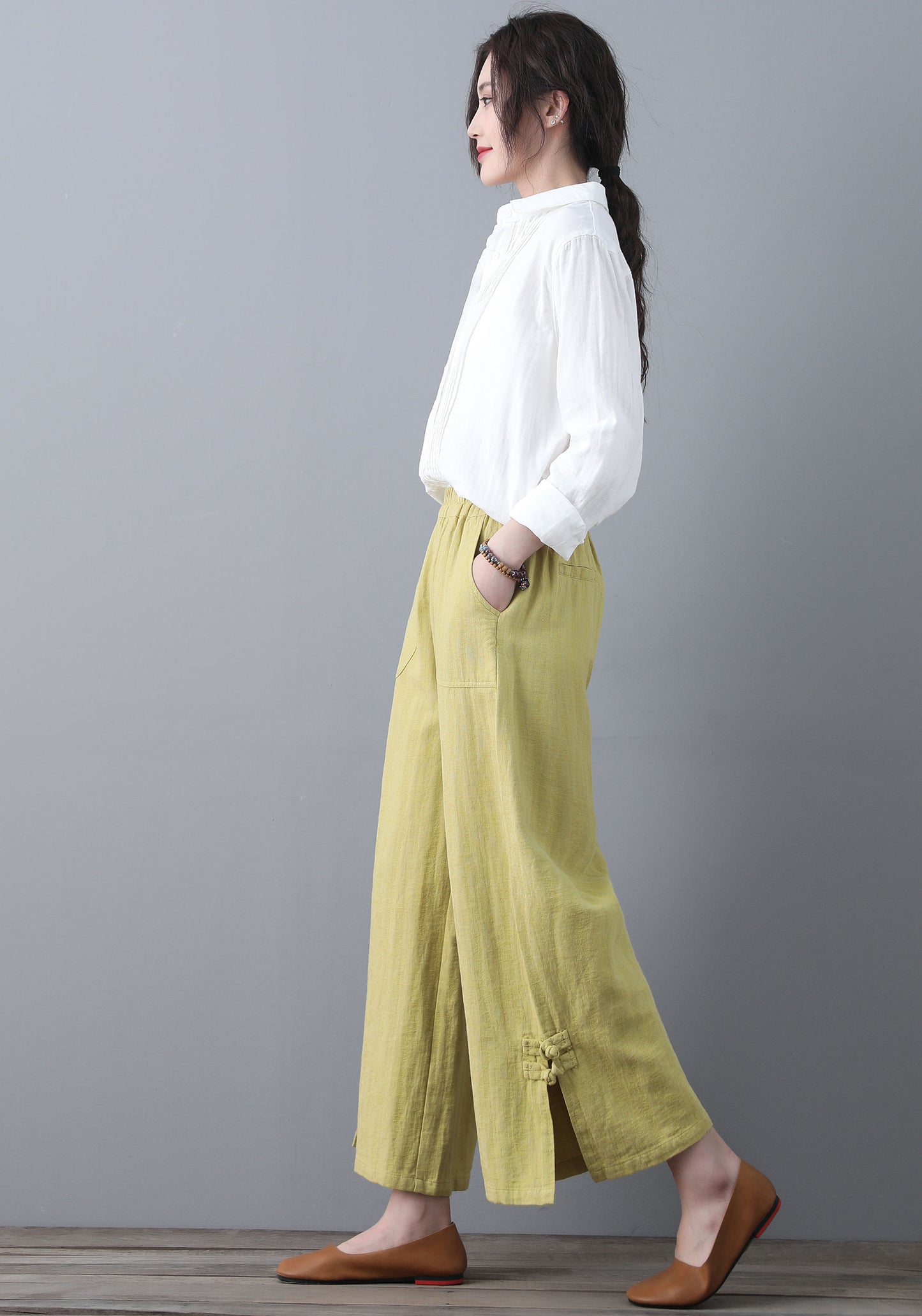 Soft Casual Elastic Waist Wide Leg Yellow Linen Pants C1859