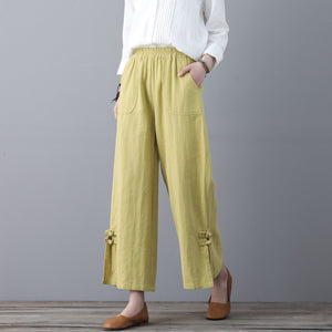 Soft Casual Elastic Waist Wide Leg Yellow Linen Pants C1859
