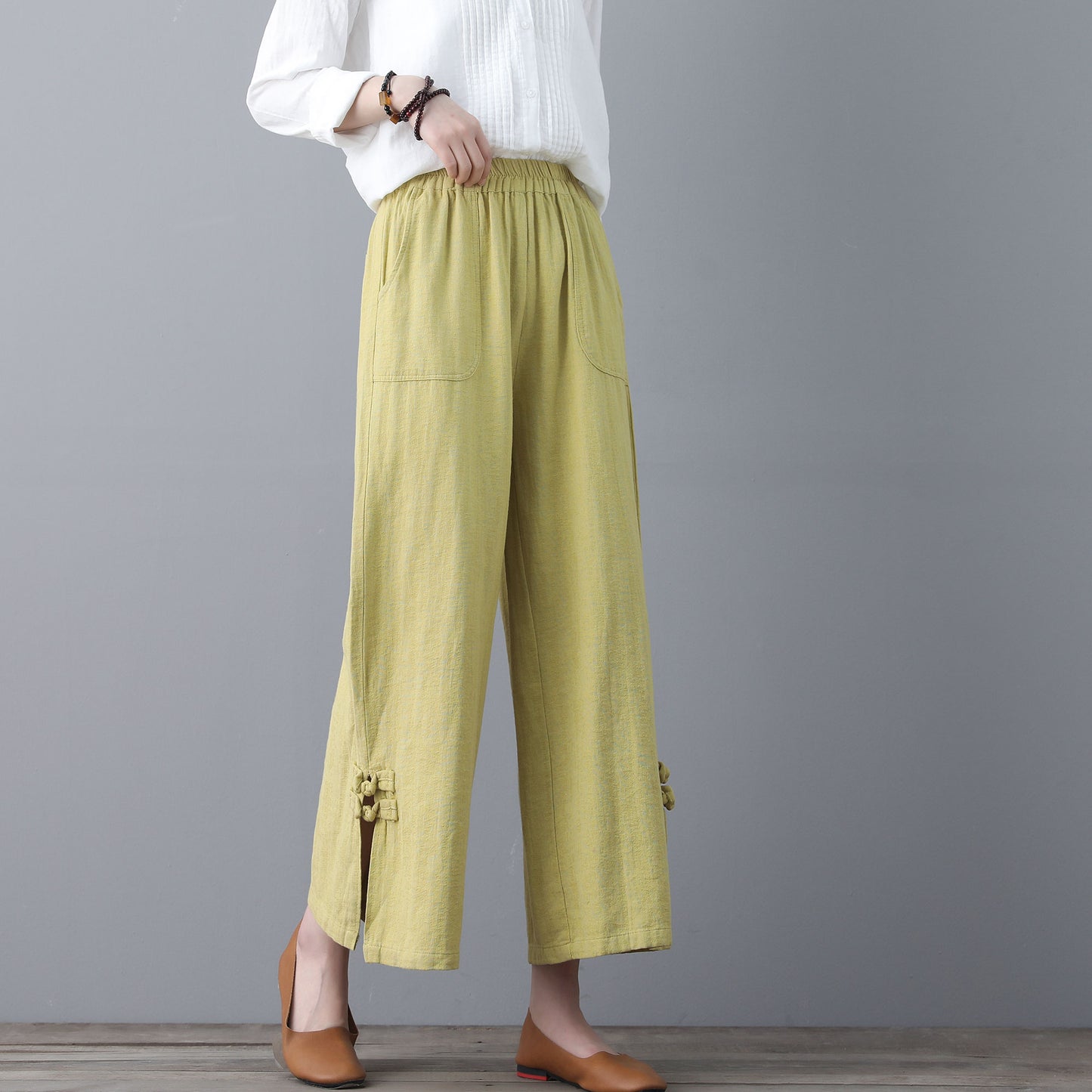 Soft Casual Elastic Waist Wide Leg Yellow Linen Pants C1859