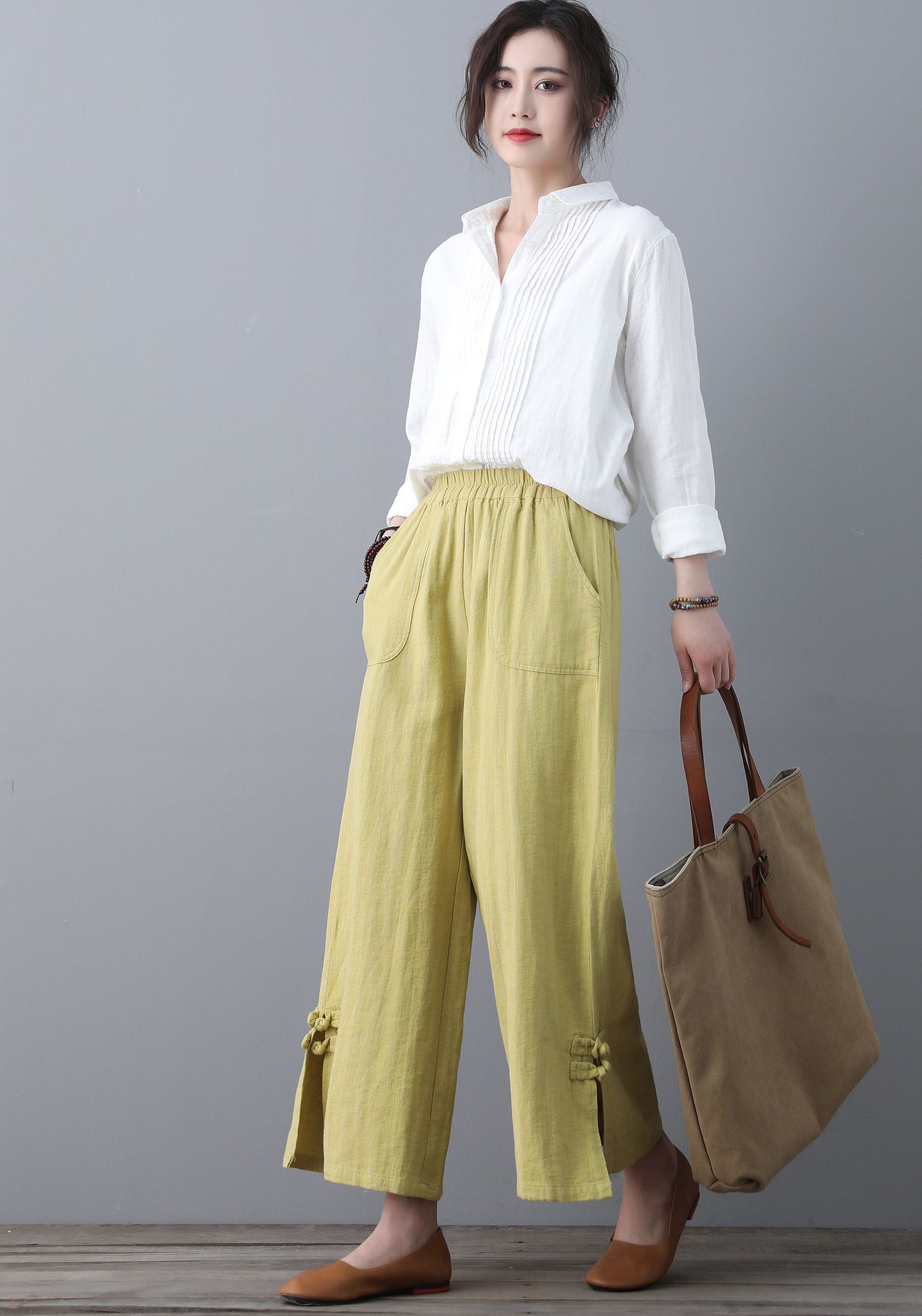 Soft Casual Elastic Waist Wide Leg Yellow Linen Pants C1859