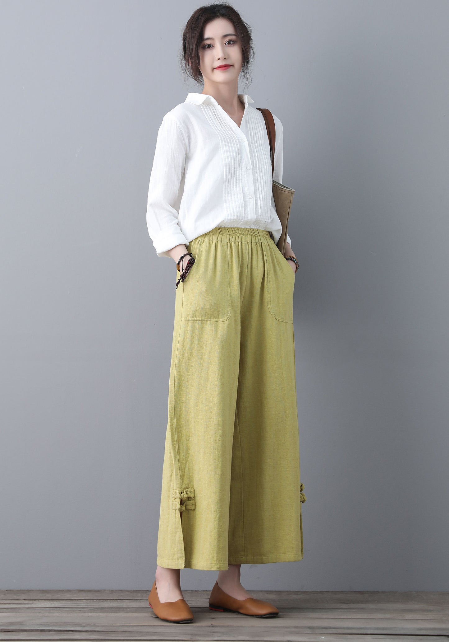 Soft Casual Elastic Waist Wide Leg Yellow Linen Pants C1859