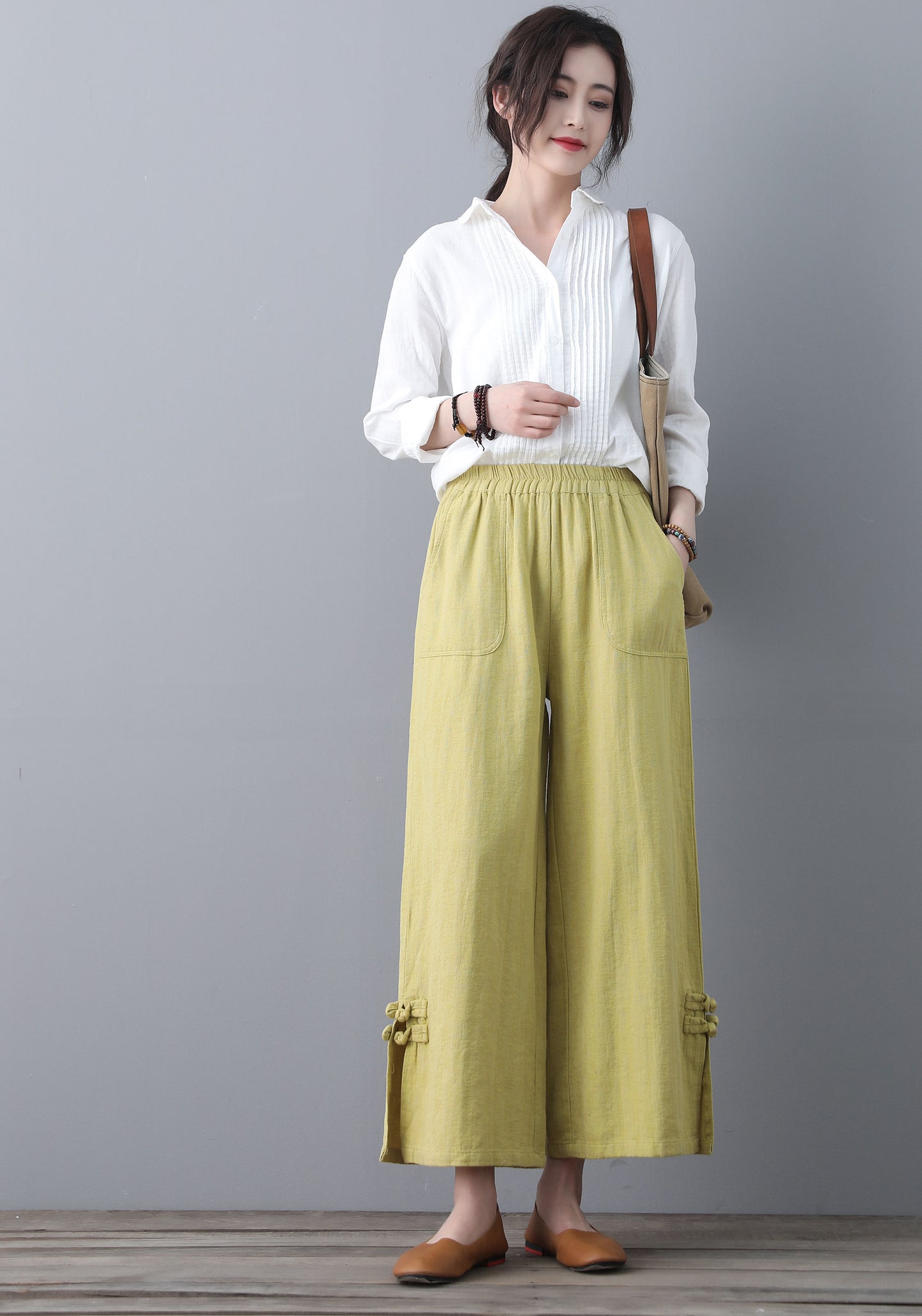 Soft Casual Elastic Waist Wide Leg Yellow Linen Pants C1859