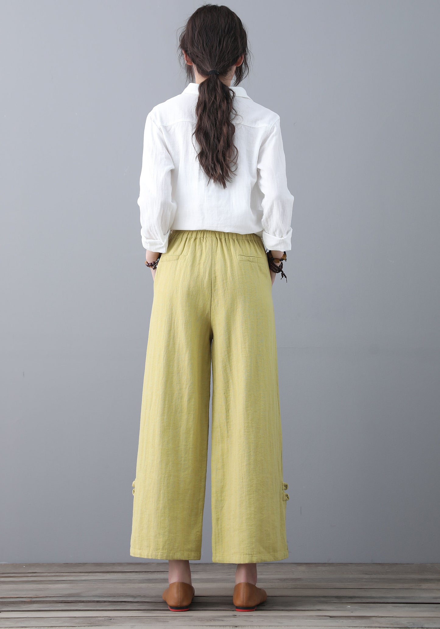 Soft Casual Elastic Waist Wide Leg Yellow Linen Pants C1859