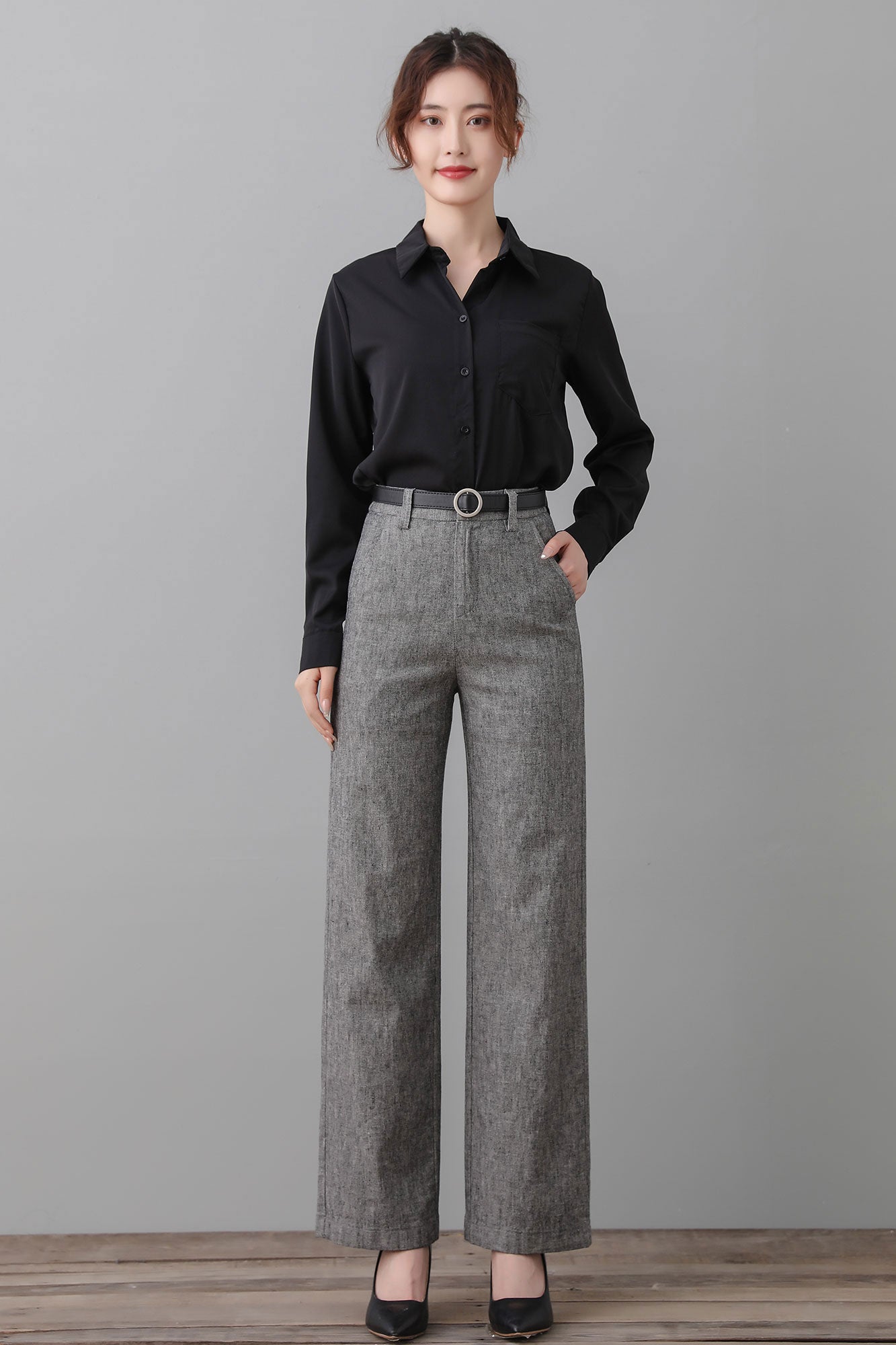 Gray Linen Pants, High Waist Long Pants C2551